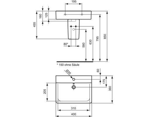 Rozměrový nákres umyvadla se všemi rozměry