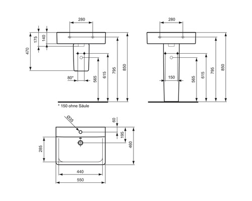 Technický výkres umyvadla s rozměry