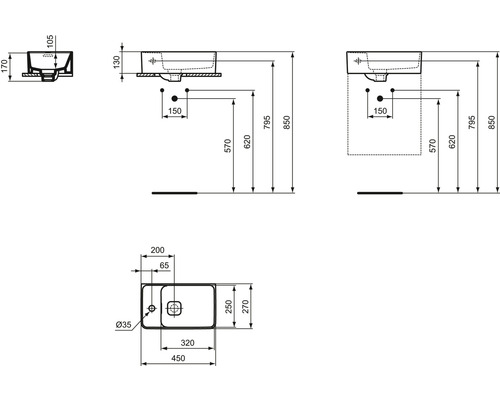 Technický výkres umyvadla s rozměry.
