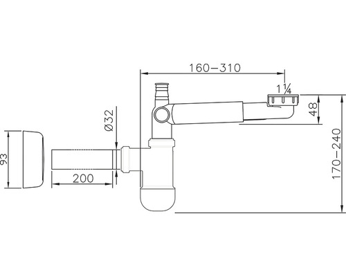 Technický výkres sifonu s rozměry