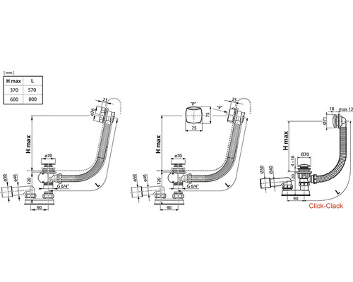Technický nákres odtokového ventilu pro vany s funkcí Click-Clack a rozměrovými údaji