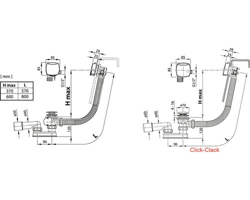 Technický výkres odtokové soupravy pro vany s rozměry