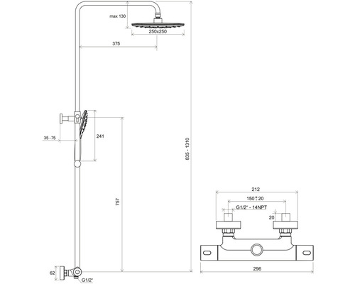 Technický výkres sprchové soupravy s rozměry