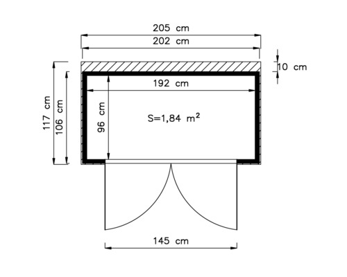 Půdorys s rozměry: šířka 205 cm, výška 117 cm, plocha 1,84 metru čtverečního