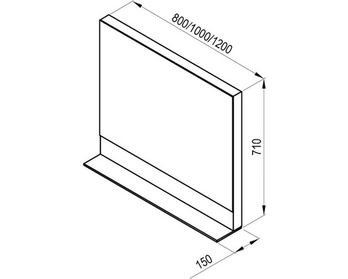 Technický nákres topného tělesa o rozměrech 800/1000/1200 x 710 x 150 mm.