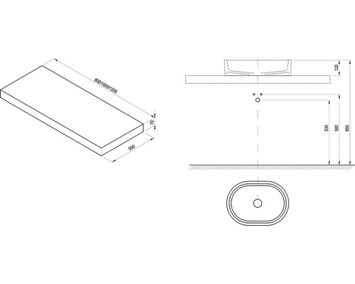 Technický nákres skříňky pod umyvadlo s rozměry