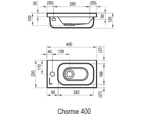 Technický nákres umyvadla Chorme 400 s rozměry