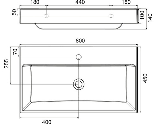 Technický nákres umyvadla s rozměry