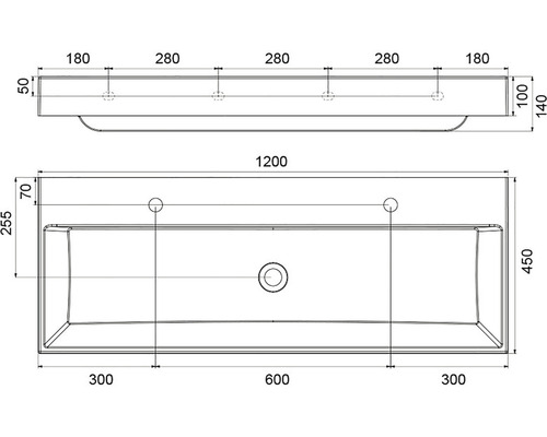 Technický nákres umyvadla s rozměry