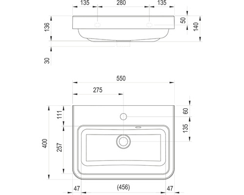 Technický výkres umyvadla s rozměry