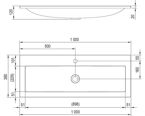 Technický nákres umyvadla s rozměry