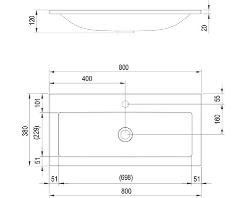 Technický nákres umyvadla s rozměry