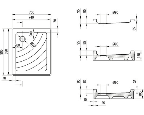 Technický výkres sprchové vaničky s rozměry