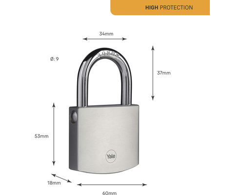 Obrázek visacího zámku Yale s rozměry