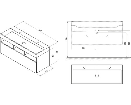 Technický nákres skříňky pod umyvadlo s rozměry