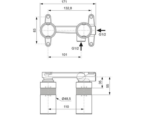 Technický nákres armatury s rozměry
