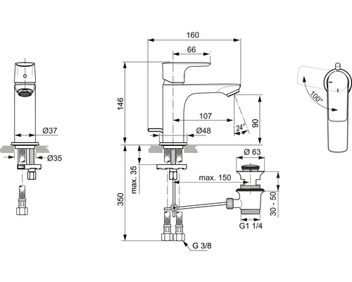 Technický výkres vodovodní baterie s rozměry