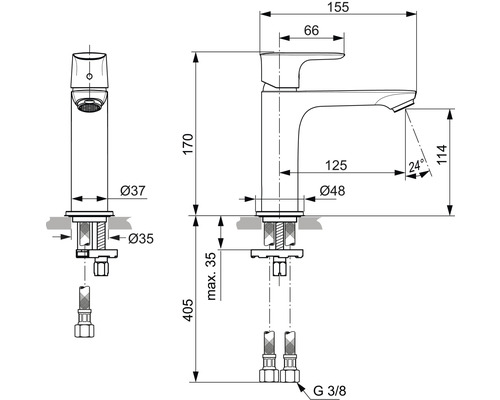 Technický nákres vodovodní baterie s rozměry