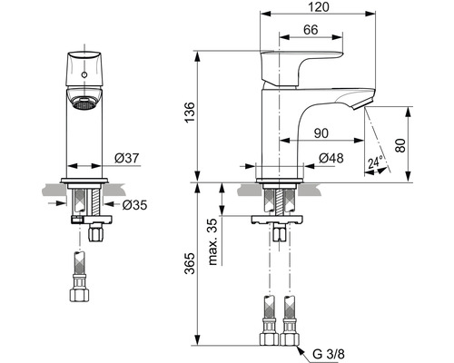 Rozměrový nákres armatury s údaji o výšce, šířce a průměru