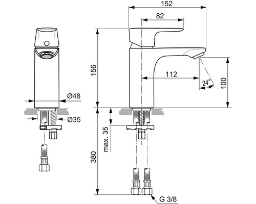 Technický výkres vodovodní baterie s rozměry