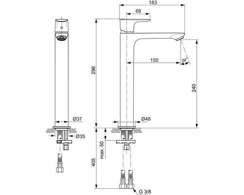 Technický nákres umyvadlové baterie s rozměry