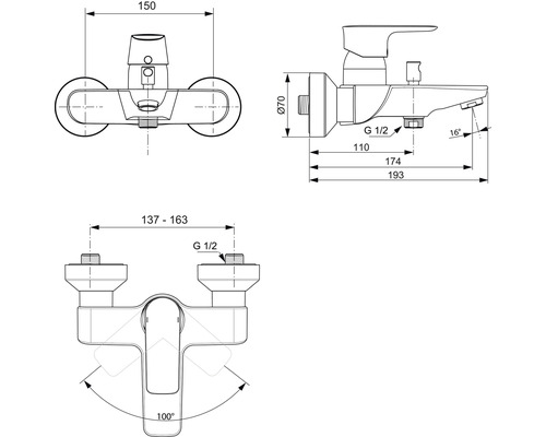 Technický nákres nástěnné baterie s rozměry