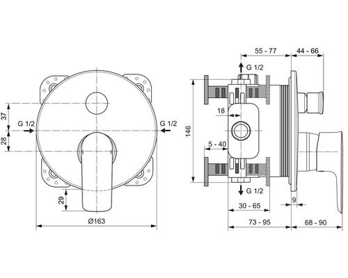 Technický nákres podomítkové baterie s rozměry