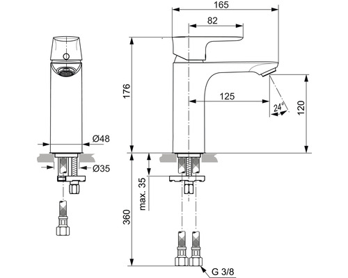 Technický nákres umyvadlové baterie s rozměry