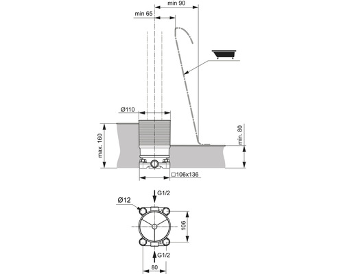 Technický výkres sifonu s rozměry