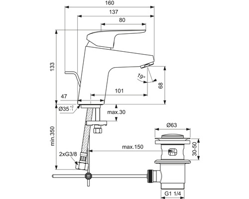 Rozměrový nákres umyvadlové baterie s odtokovou soupravou