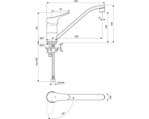 Technický nákres kuchyňské baterie s rozměry
