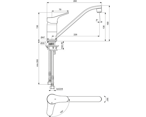 Technický nákres kuchyňské baterie s rozměry