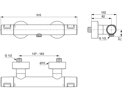 Technický nákres sprchové armatury s rozměry