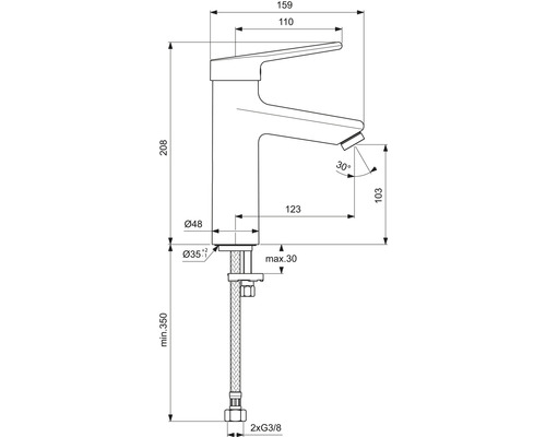 Technický výkres umyvadlové baterie s rozměry