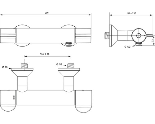 Technický výkres termostatické baterie s rozměry