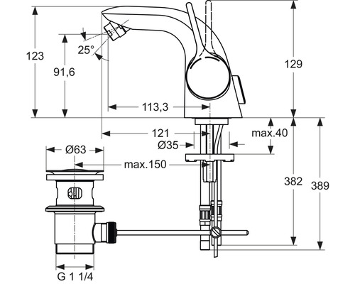 Technický nákres umyvadlové baterie s rozměry