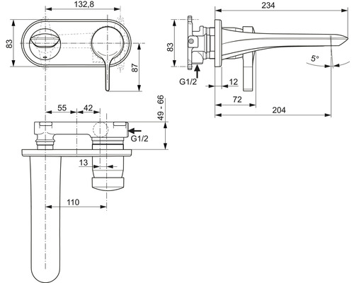 Technický výkres koupelnové armatury s rozměry