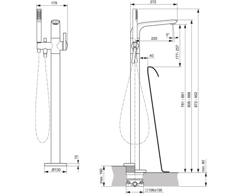 Technický nákres volně stojící vanové baterie s rozměry