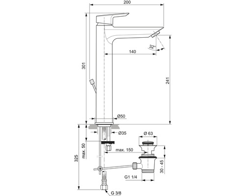 Technický výkres vodovodní baterie s rozměry
