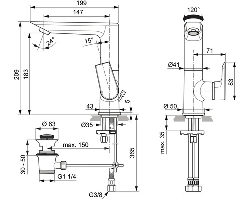 Technický nákres vodovodní baterie s rozměry
