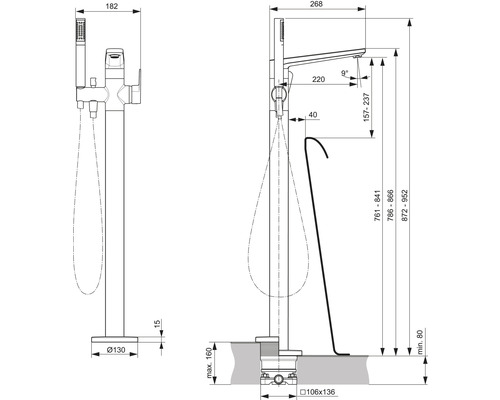 Technický výkres volně stojící vanové baterie s rozměry.