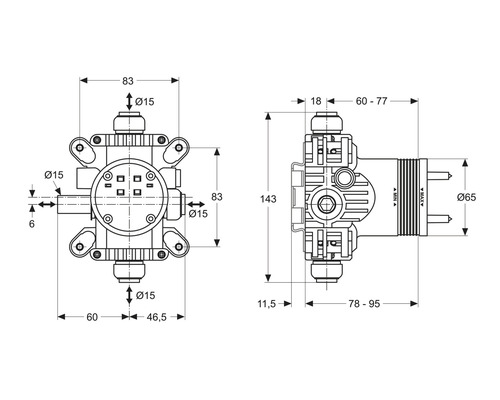 Technický nákres rozdělovače s rozměry