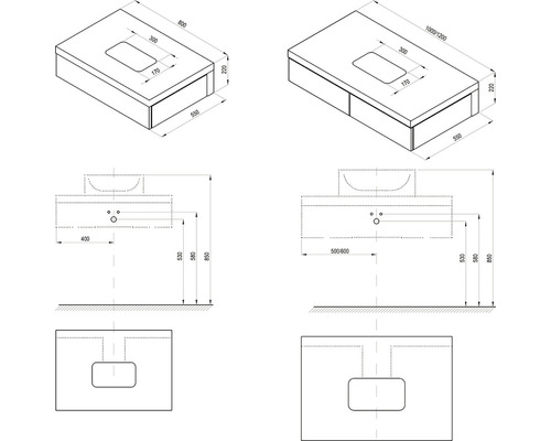 Technický výkres skříňky pod umyvadlo s rozměry
