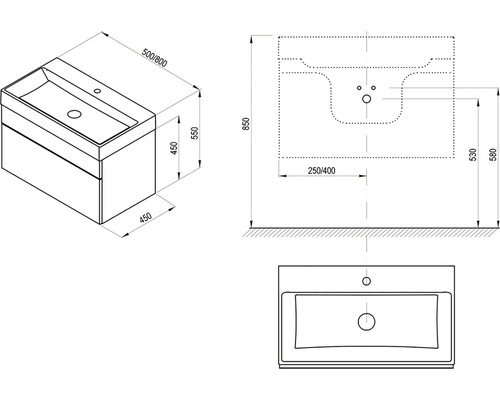Technický nákres skříňky pod umyvadlo s rozměry