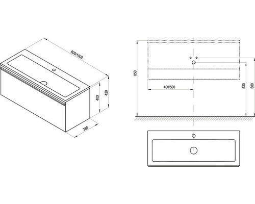 Technický nákres vany s rozměry