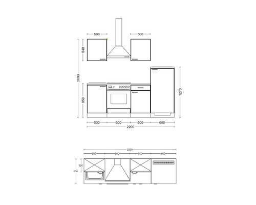 Technický nákres kuchyňské linky s rozměry.