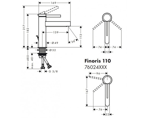 Technický nákres umyvadlové baterie Finoris 110 s rozměry