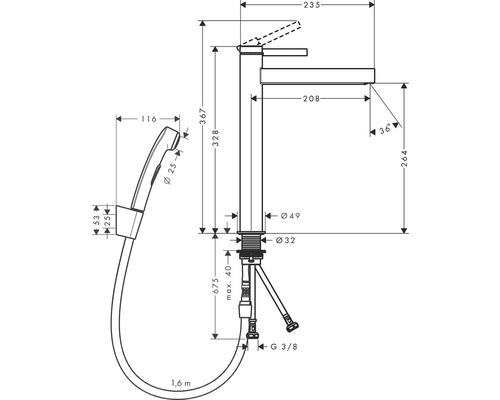 Technický nákres vodovodní baterie s ruční sprchou a rozměry