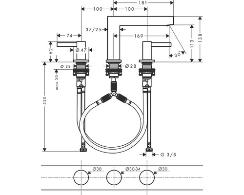 Technický nákres vodovodní baterie s rozměry