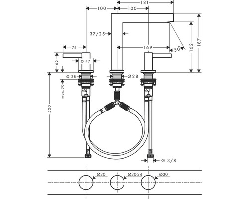 Technický výkres vodovodní baterie s rozměry